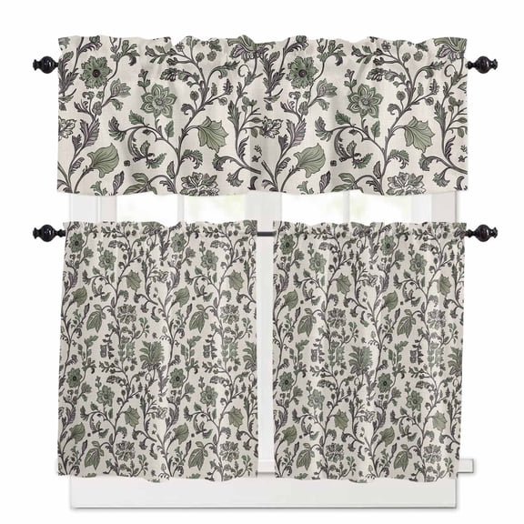 Boho Floral Kitchen Curtains and Valances Set, Vintage Farmhouse Pastoral Flower Retro Green Plant Rod Pocket Window Valance Window Curtain Panels for Living Room Bedroom Laundry, 27.5x24in, 3 Pieces