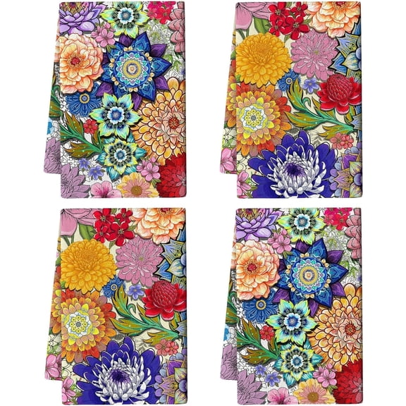 Boho Floral Kitchen Dish Towels Decorative Set of 4, Colorful Kitchen Stuff Hand & Tea Towels for Cleaning Drying, Baking Cooking Lover Gifts for Chef Cooks Women, Housewarming Gifts for Women