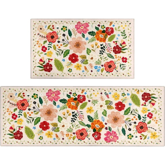 Boho Floral Kitchen Mat Set of 2,Modern Farmhouse Kitchen Rugs and Mats Non Skid Washable,Bohemian Kitchen Runner Rugs with Rubber Backing (Beige 17"x47"+17"x30")