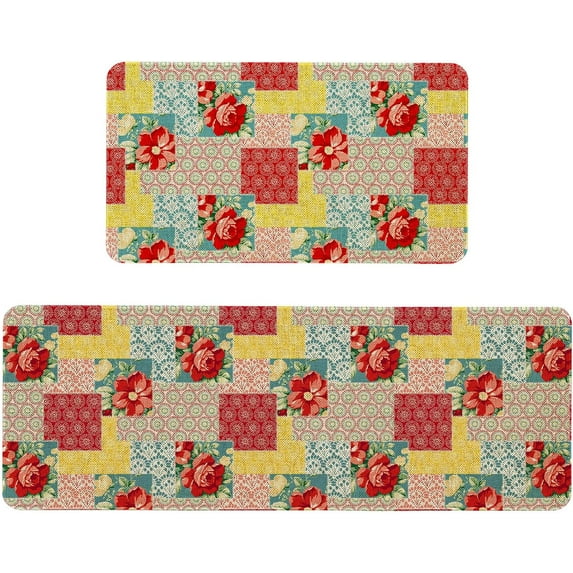 Boho Floral Kitchen Mats Set of 2 Non Slip Bohemia Flowers Kitchen Rugs Farmhouse Home Decor Low-Profile Washable Floor Mat 17x47 Inch and 17x29 Inch