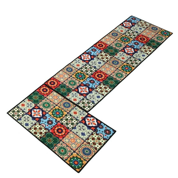 Boho Floral Kitchen Rug Mat Set of 2, Colorful Floor Runner Rug Mat with Non Slip Rubber Backed for Home Kitchen Decor, 15.75''x23.62'' + 15.75''x47.24''
