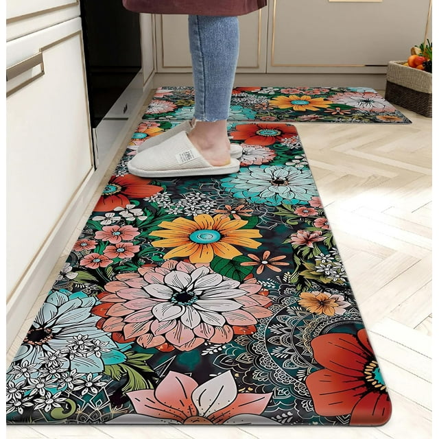 Boho Floral Kitchen Rugs Black Flowers Kitchen Mat Anti Fatigue Non