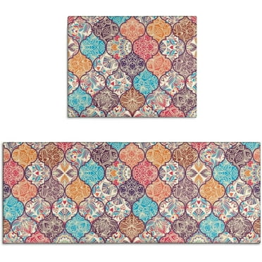 Boho Floral Kitchen Rugs Mat Set of 2 Non-Slip Washable Bohemian Colorful Kitchen Rug Runner Rubber Backed Kitchen Mats for Floor Boho Decor