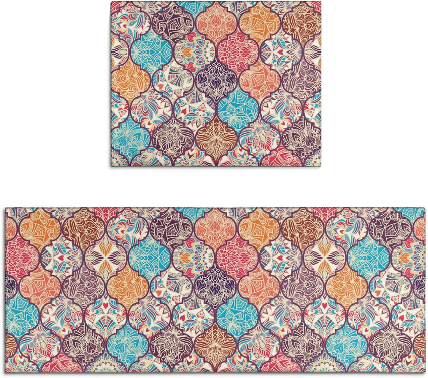 Boho Floral Kitchen Rugs Mat Set of 2 NonSlip Washable Bohemian