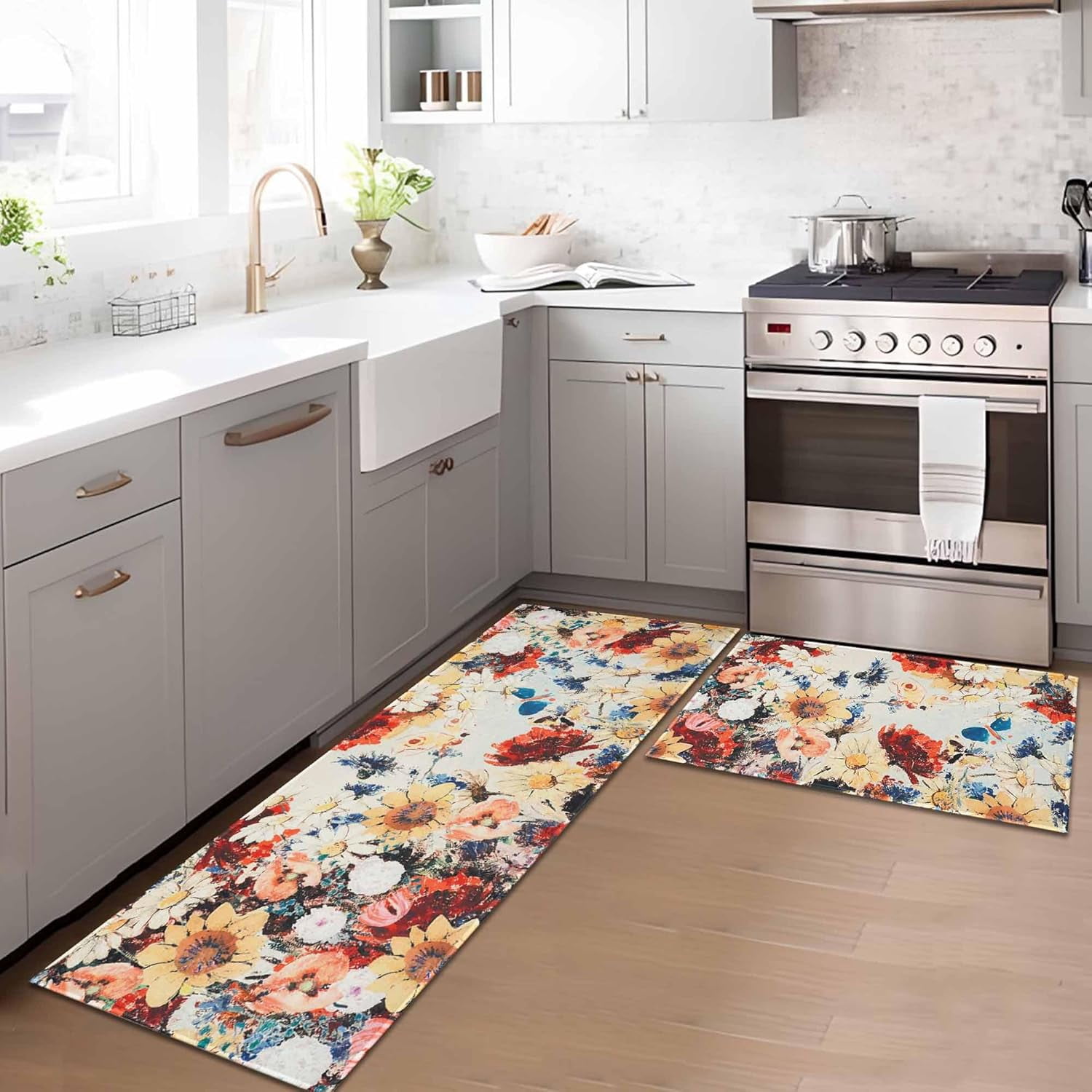 Boho Floral Kitchen Rugs Mats for Floor Bohemian Vintage Flower Kitchen ...