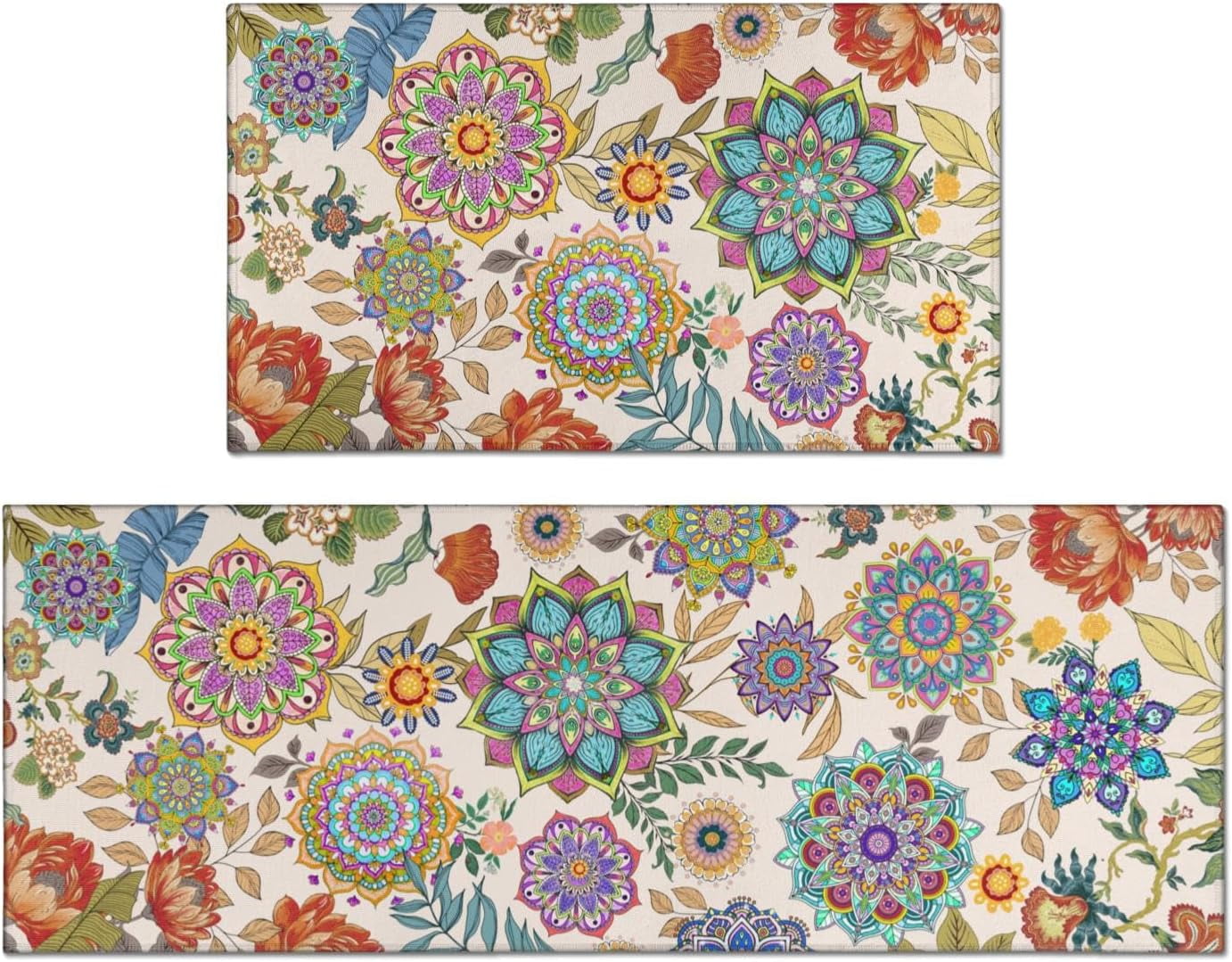 Boho Floral Kitchen Rugs Set of 2, Bohemian Vintage Floral AntiSlip