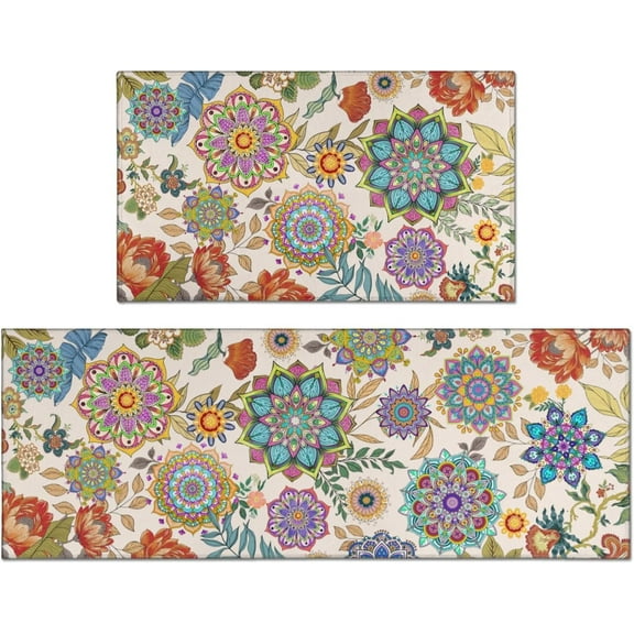 Boho Floral Kitchen Rugs Set of 2, Bohemian Vintage Floral Anti-Slip Washable Mat, Boho Farmhouse Kitchen Decor Anti-Fatigue Rug for Kitchen Sink Laundry Room, 17x30+17x47 inch