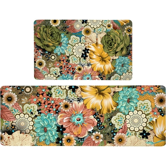 Boho Floral Kitchen Rugs Set of 2 Colorful Flower Anti Fatigue Non-Slip Kitchen Floor Mats Comfort Bohemian Mat Waterproof Farmhouse Sink Laundry PVC Rug (17.3 x 28 Inch+17.3 x 47 Inch)