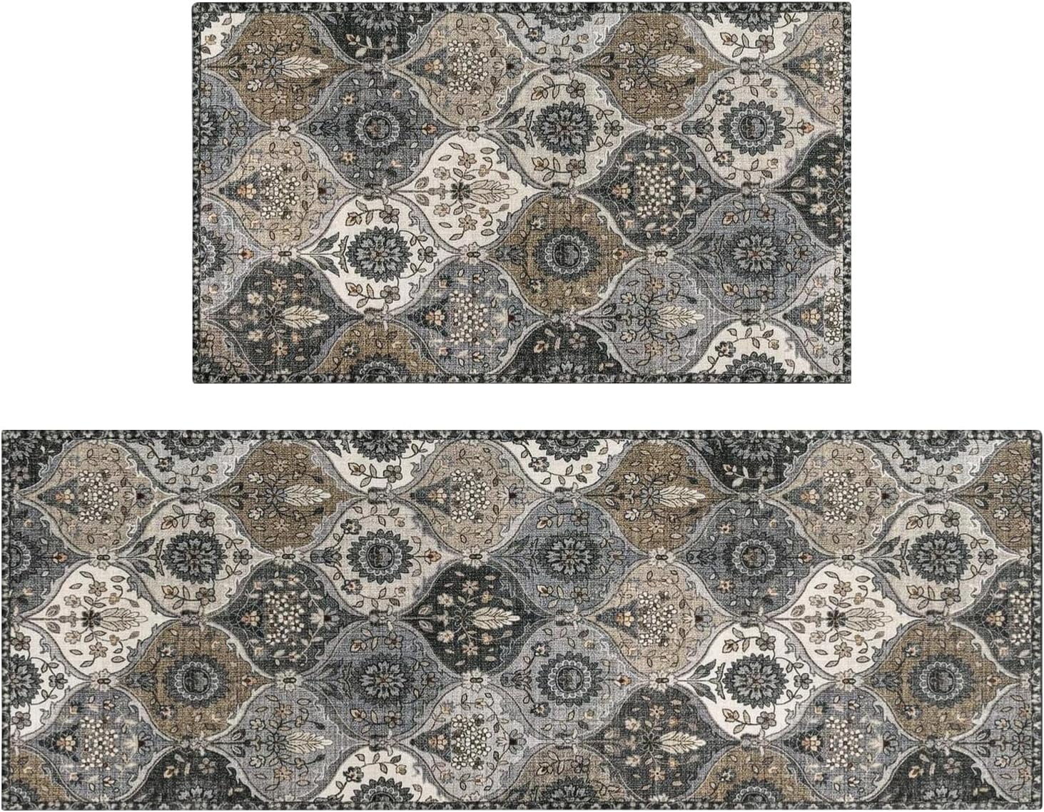Boho Floral Kitchen Rugs Set of 2,Grey Distressed Moroccan Trellis