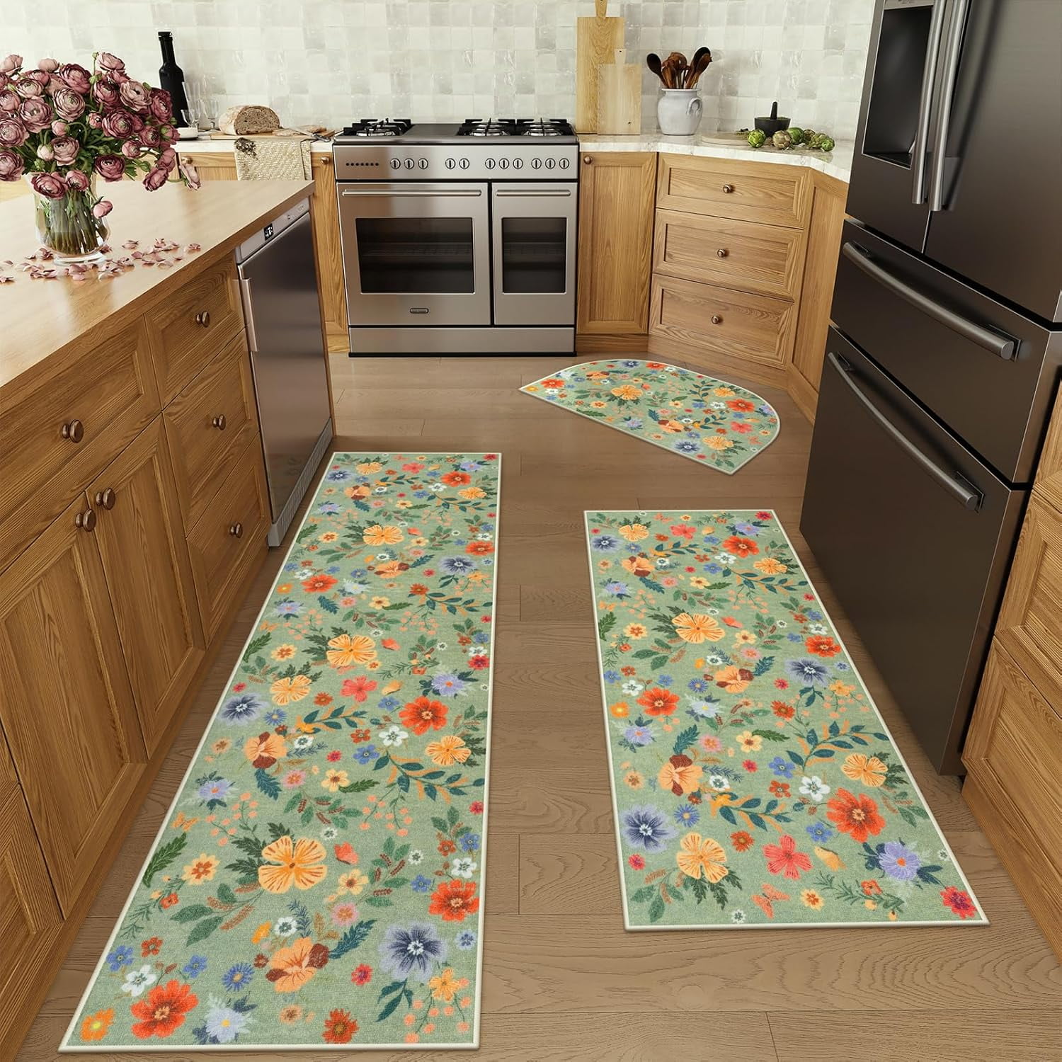Boho Floral Kitchen Rugs Sets of 3, Green Kitchen Rugs Non Skid ...