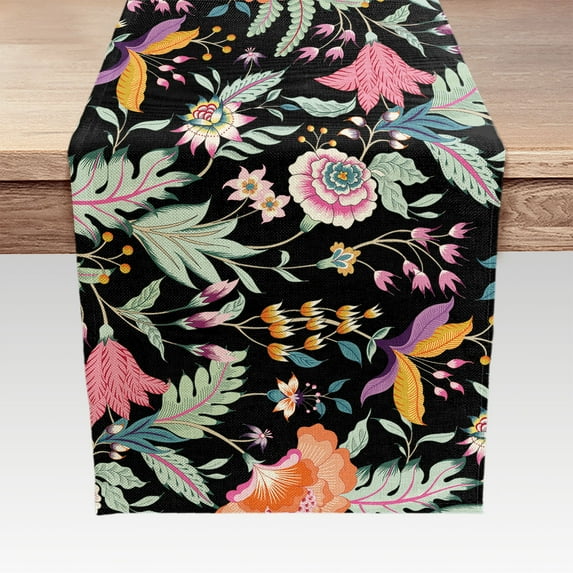 Boho Floral Kitchen Table Runner for Farmhouse Party Holiday Dinnner,Black Leaf Forest Abstract Pattern Table Runner Dresser Scarves Dining Table Decor, Washable Coffee Table Runners 13x72 inch