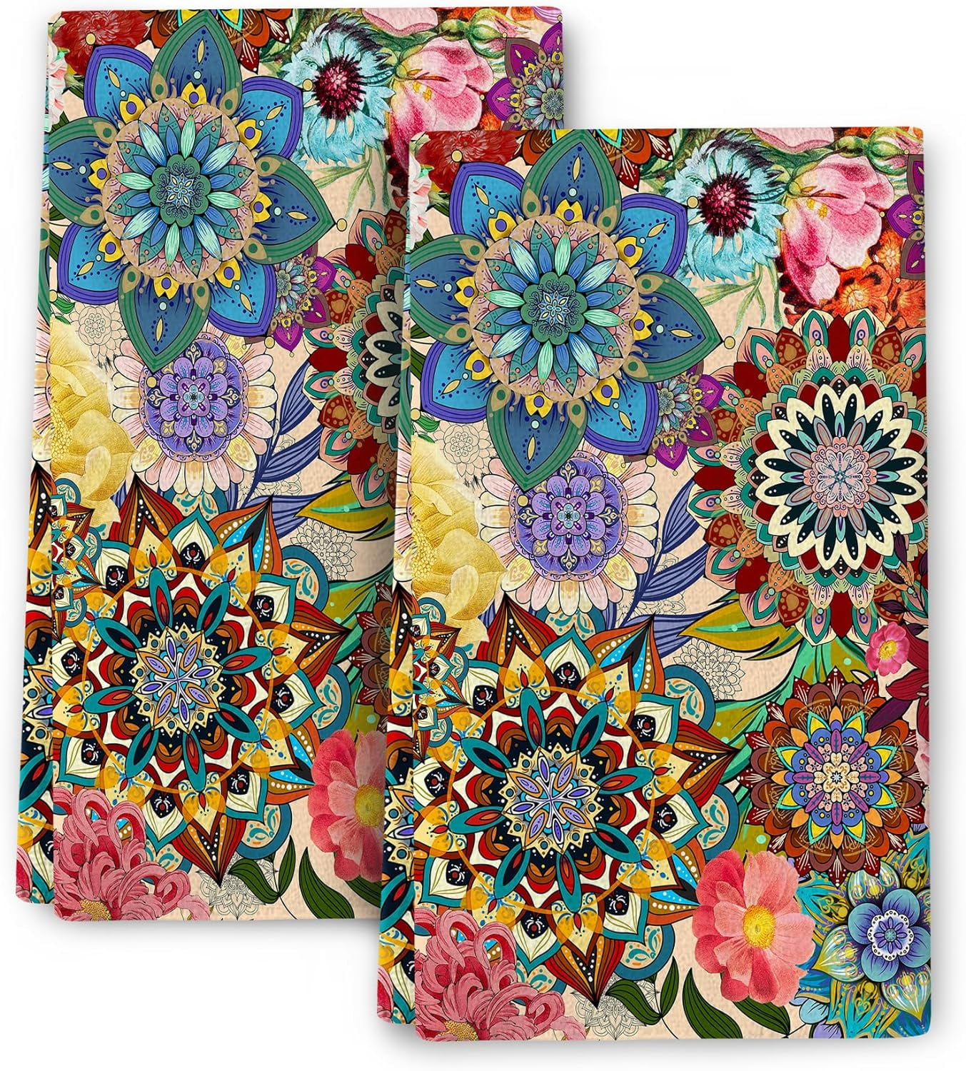 Boho Floral Kitchen Towels Decorative Set of 2, Colorful Flowers Dish ...