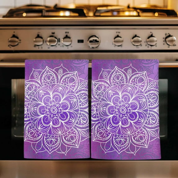 Boho Floral Kitchen Towels Set of 4, Purple Flowers Vintage Bohemian Watercolor Absorbent Dish Towels for Kitchen, Microfiber Hand Towel, Quick Drying Tea Towel for Cleaning Decorative Dishcloths