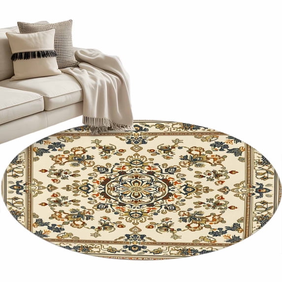 Boho Floral Large Area Rugs for Bedroom Living Room, Soft Non Slip Carpet Bedside Rug, Modern Abstract Ethnic Tribal Patterns Round Floor Cover Kitchen Accent Rug 3.3' for Dining Room/Office