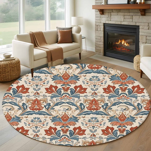 Boho Floral Large Round Rug 8 FT, Non Slip Living Room Area Carpet, Farmhouse Vintage Red Blue Flower Plant Washable Soft Circle Rug Non-Shedding Floor Carpet for Bedroom Office Dining Room