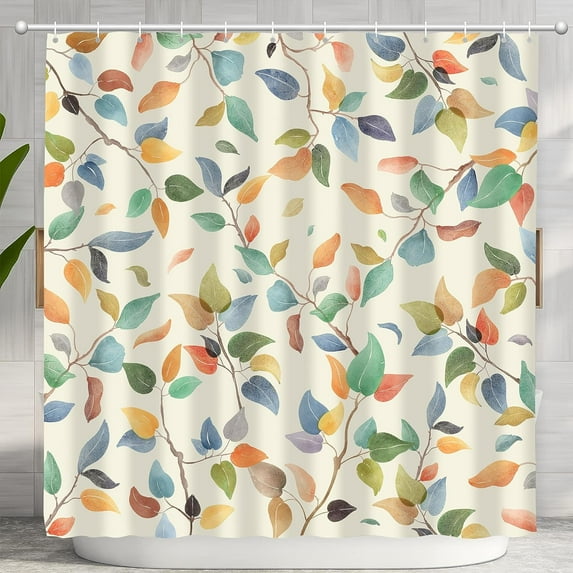 Boho Floral Leaf Shower Curtain, Colorful Botanical Flower Leaves Bohemian Fabric Shower Curtain Set with 12 Hooks, Bathroom Bathtub Accessories Decor Cloth Curtain 72"x72" Yellow