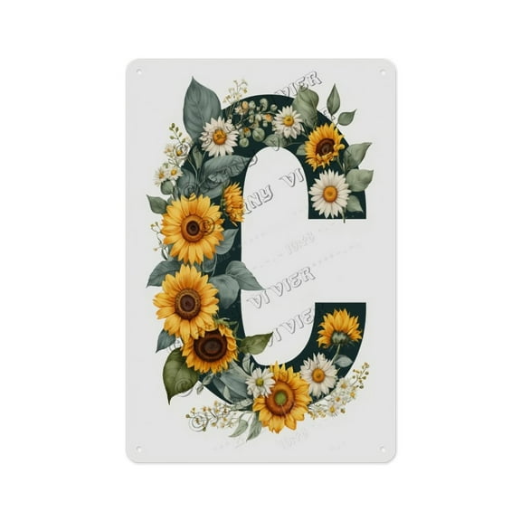 Boho Floral Letter C Tin Sign Botanical Alphabet Wall Art for Girl's Room, Teen Bedroom, Nursery Personalized Name Decor for Kids, Sisters, Friends 12x16 inch