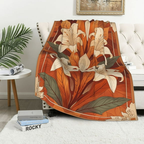 Boho Floral Lily Throw Blanket – Soft Cozy Warm Flannel Fleece for Couch, Bed, Living Room, Vintage Farmhouse Decor Christmas Gift