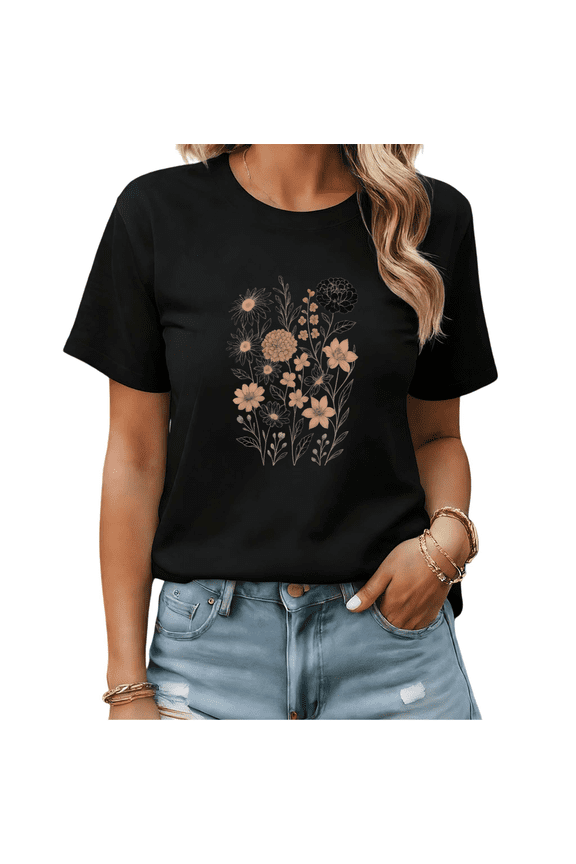 Boho Floral Line Art Graphic Tees Womans T-shirt Black/White S-5XL Shirts Botanical Nature Tops