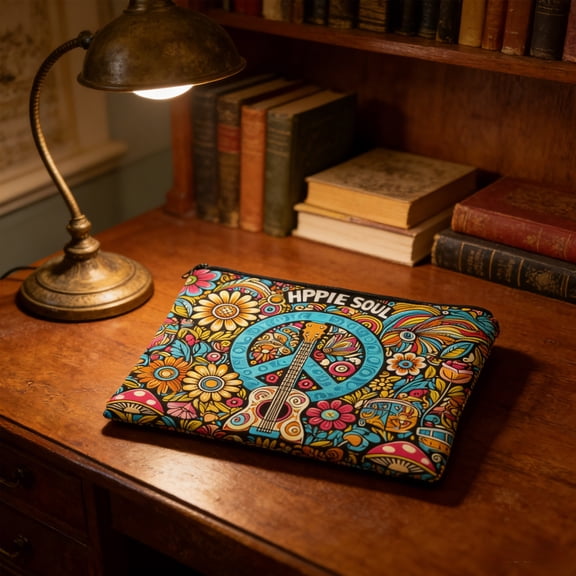 Boho Floral Linen Cosmetic Bag - 9.5x6.7in Large Capacity Zipper Pouch, Hippie Peace Sign Makeup Bag for Students, Travel & Daily Storage