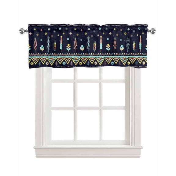 Boho Floral Linen Curtain Valance for Bedroom/Bathroom/Kitchen/Living/Dining Room Window,BlackBotanical Blue Aztec Tribal Ethnic Bohemian Pocket Topper Drapes Decorative Cafe Drapery Panel 42"x12"