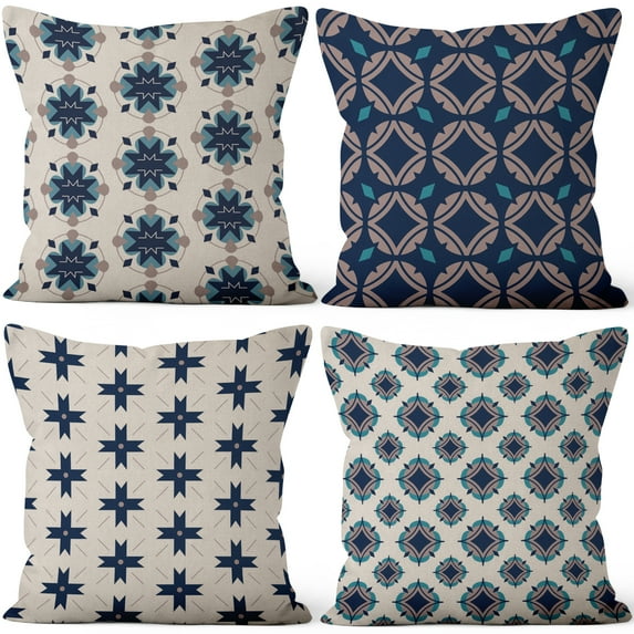 Boho Floral Linen Throw Pillow Covers,Set of 4 18x18 Inch,Geometry Cushion Cases for Home Decor Sofa Couch Living Room Car