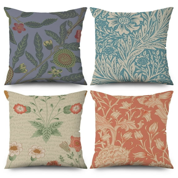 Boho Floral Linen Throw Pillow Covers,Set of 4 18x18 Inch,Retro Cushion Cases for Home Decor Sofa Couch Living Room Car