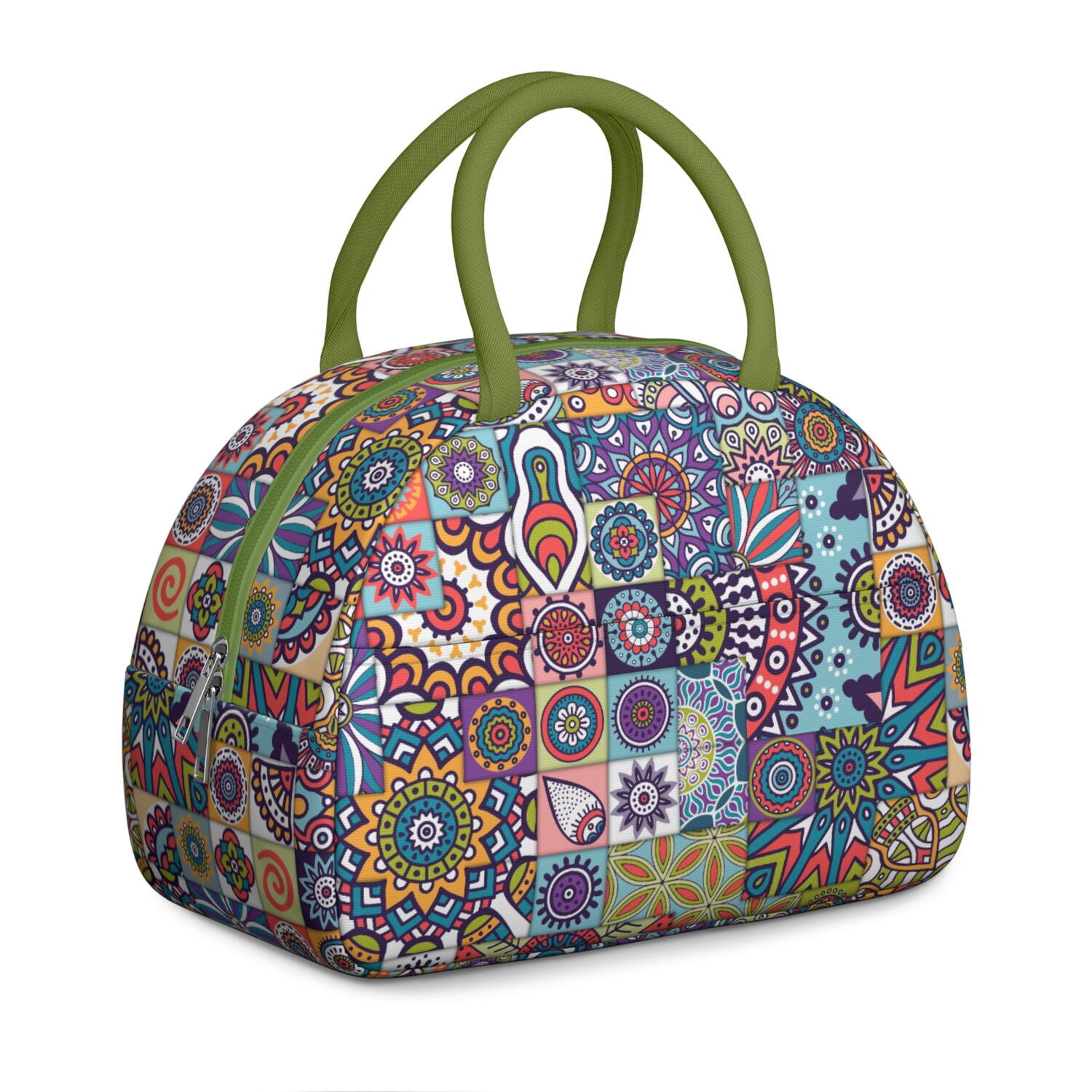 Boho Floral Lunch Bag for Women, Insulated Vintage Lunch Tote with Earthy Tribal Folk Style, Colorful Leakproof Lunch Box for Work, School or Travel