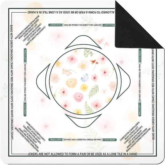 Boho Floral Mahjong Mat with Rules 31.5 x 31.5 in, Watercolor Flower Mahjong Mat for Table, Non-Slip Noise Reduction Game Table Cover Tablecloth for Card Poker Dominoes Dice and Board Games