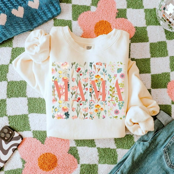 Boho Floral Mama Sweatshirt, Spring Flower Mom Shirt, Mother’s Day Gift Crewneck, Retro Mama Life Top for Women