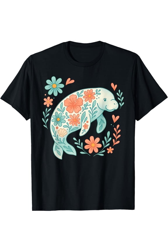 Boho Floral Manatee Ocean Summer Beach Lover Sea Animal T-Shirt
