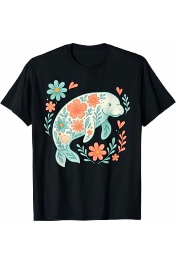 Boho Floral Manatee Ocean Summer Beach Lover Sea Animal T-Shirt
