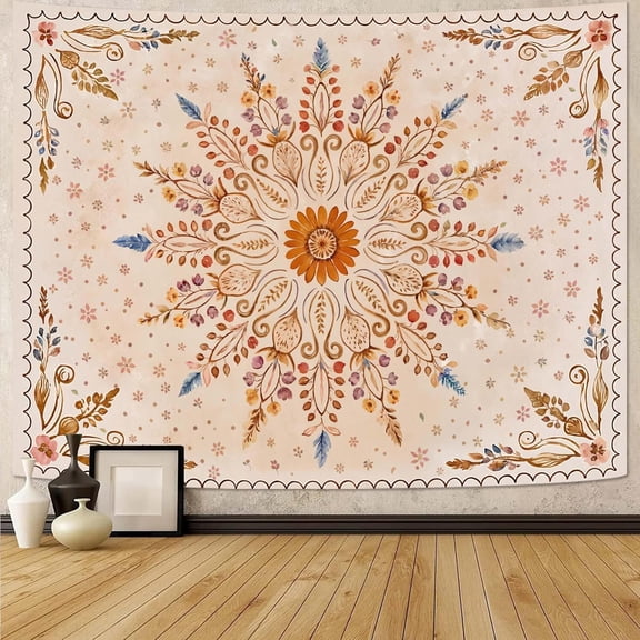 Boho Floral Mandala Tapestry for Bedroom Aesthetic Watercolor Bohemian Flower Wall Tapestry Brown Beige Hippie Indian Small Tapestries Wall Hanging for Living Room Dorm Decor 40 x 30 Inch