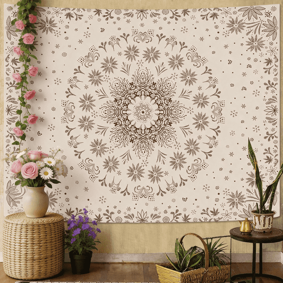 Boho Floral Mandala Tapestry Wall Hanging 60 x 50 Inch Brown Beige Hippie Flower Medallion Decor for Bedroom Living Room Dorm