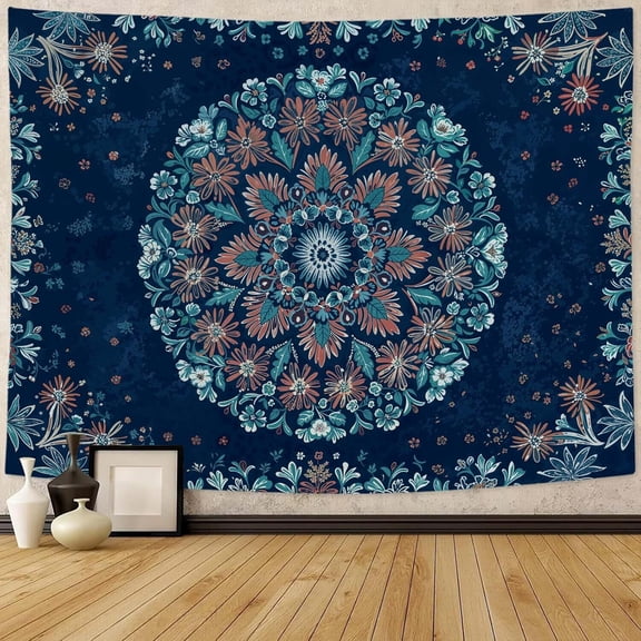 Boho Floral Mandala Tapestry Wall Hanging Blue Bohemian Flower Medallion Tapestry Aesthetic Vintage Navy Hippie Indian Small Tapestries for Bedroom Living Room Dorm Decor 60 x 90 Inch