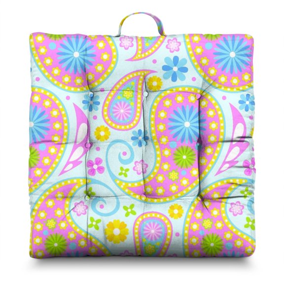 Boho Floral Meditation Cushion for Adults - Thick Square Floor Pillow with Paisley Pattern, Supportive PP Cotton Filling, 9-Point Stitching, 22x22 Inch