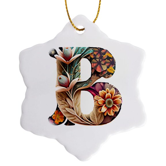 3drose, Boho Floral Monogram Initial B, 3 inch Snowflake Porcelain Ornament