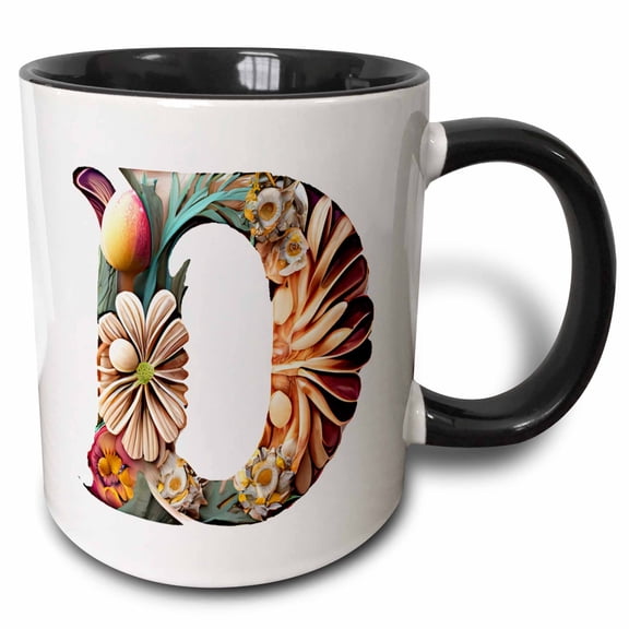 3drose, Boho Floral Monogram Initial D, 15oz Two-tone Black Mug