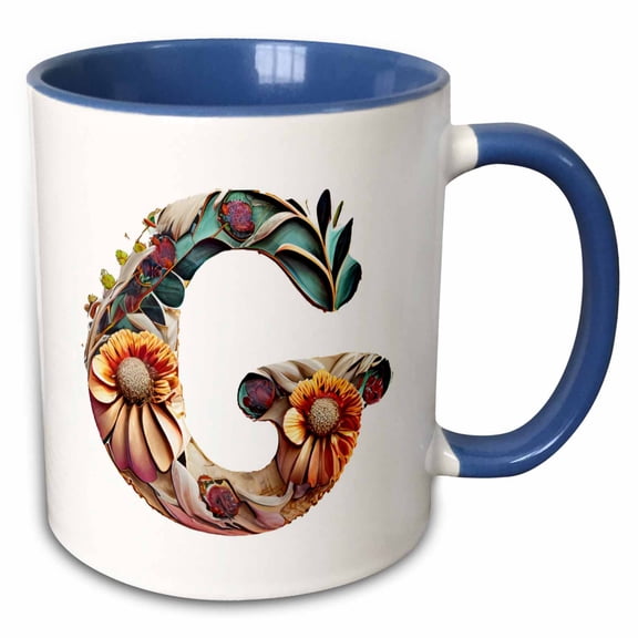 3drose, Boho Floral Monogram Initial G, 11oz Two-tone Blue Mug