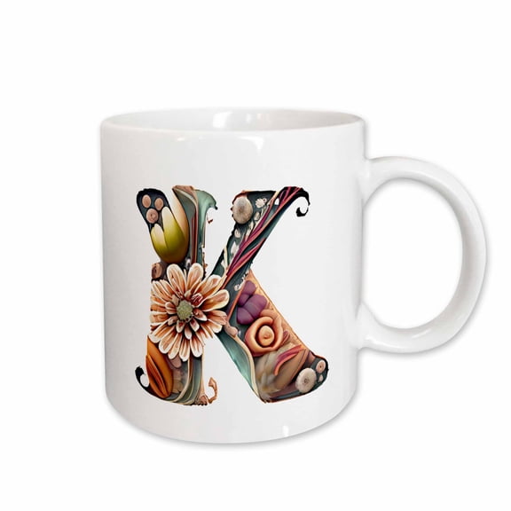 3drose, Boho Floral Monogram Initial K, 11oz Mug