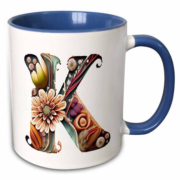 3drose, Boho Floral Monogram Initial K, 11oz Two-tone Blue Mug