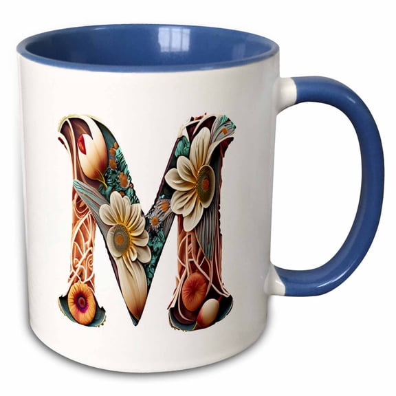 3drose, Boho Floral Monogram Initial M, 11oz Two-tone Blue Mug