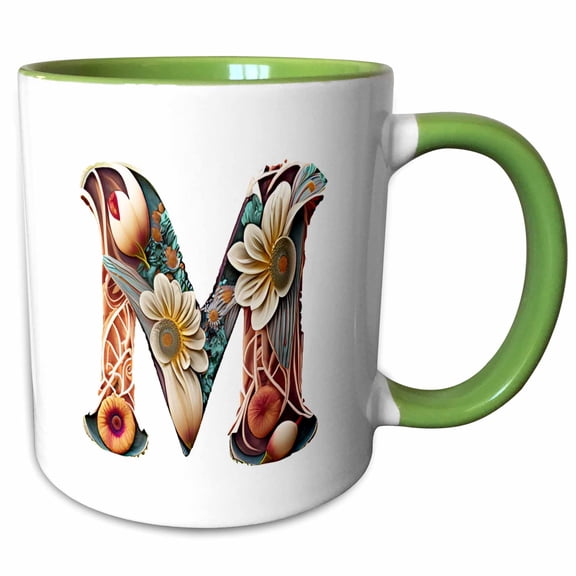 3drose, Boho Floral Monogram Initial M, 15oz Two-tone Green Mug