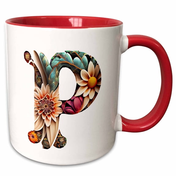 3drose, Boho Floral Monogram Initial P, 15oz Two-tone Red Mug
