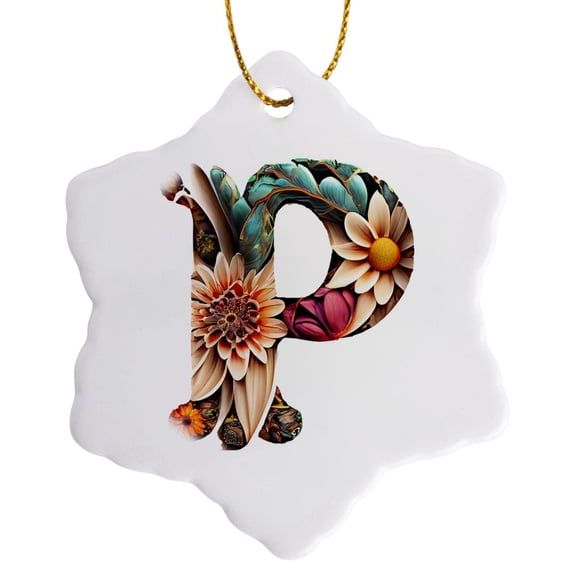 3drose, Boho Floral Monogram Initial P, 3 inch Snowflake Porcelain Ornament