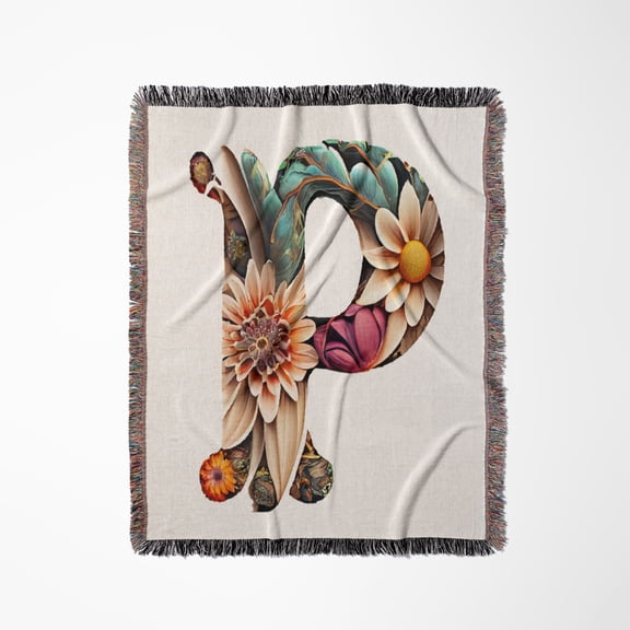 Boho Floral Monogram Initial P, Woven Blanket