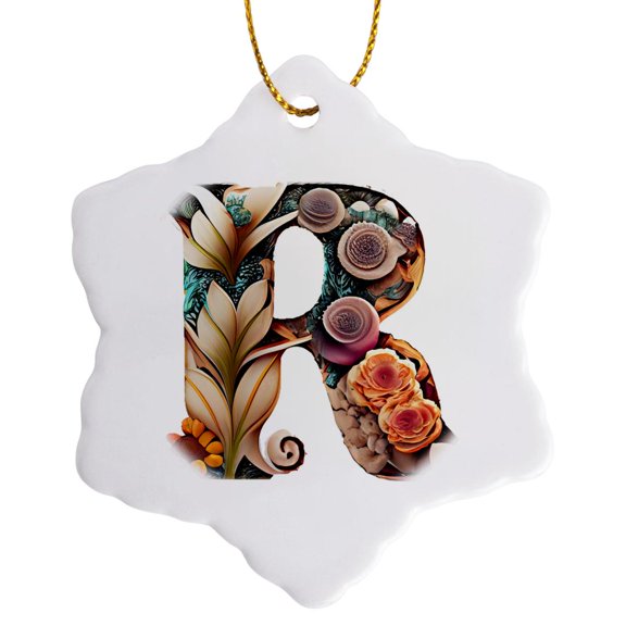 3drose, Boho Floral Monogram Initial R, 3 inch Snowflake Porcelain Ornament