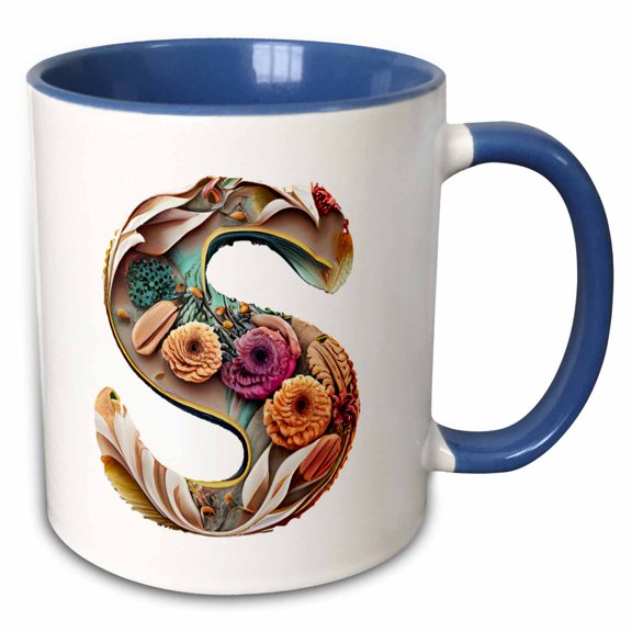 3drose, Boho Floral Monogram Initial S, 11oz Two-tone Blue Mug