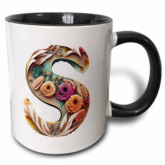 3drose, Boho Floral Monogram Initial S, 15oz Two-tone Black Mug