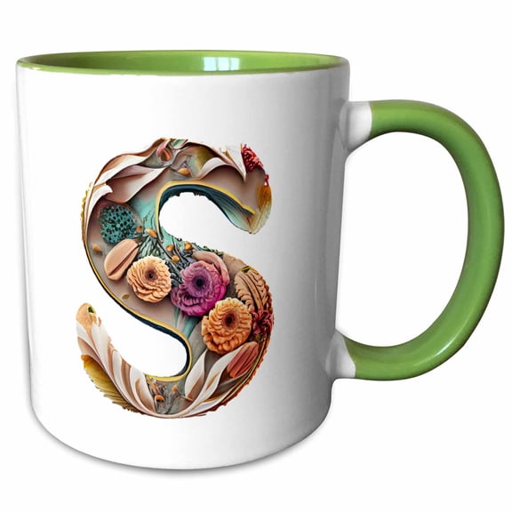 3drose, Boho Floral Monogram Initial S, 15oz Two-tone Green Mug
